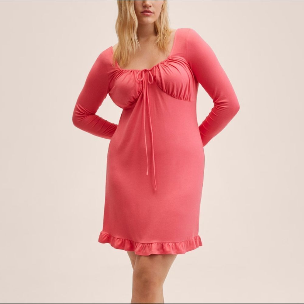 🆕️ Mango MNG Long Sleeve Frill Hem Drawstring Waist Dress in Pink
